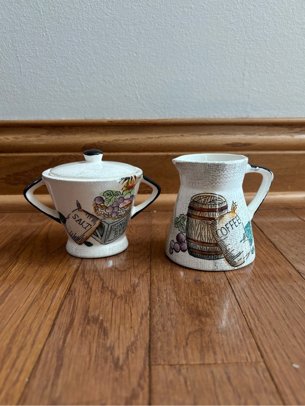 Vintage Cream and Sugar Bowl with At the Market Motif